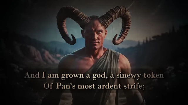 An illustration of a horned figure is accompanied by a quote from Neuburg's poem, "And I am grown a god, a sinewy token Of Pan's most ardent strife"