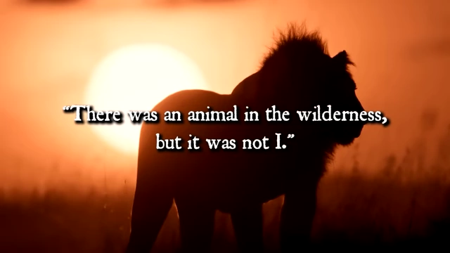 A silhouette of a lion at sunset is accompanied by Crowley's quote: "There was an animal in the wilderness, but it was not I," describing his disassociated state
