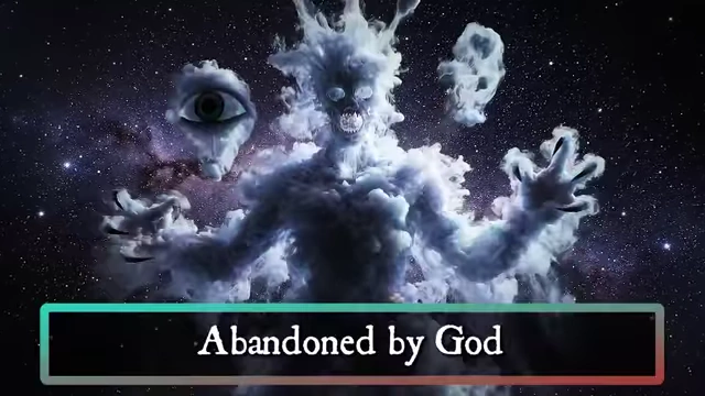 A ethereal, demonic figure made of swirling clouds, with eyes and hands, represents Choronzon, accompanied by the title card "Abandoned by God"