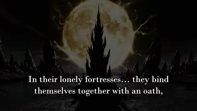 An image shows dark fortresses under a moon, with figures standing on battlements, accompanied by a quote about making "war upon the Holy One"