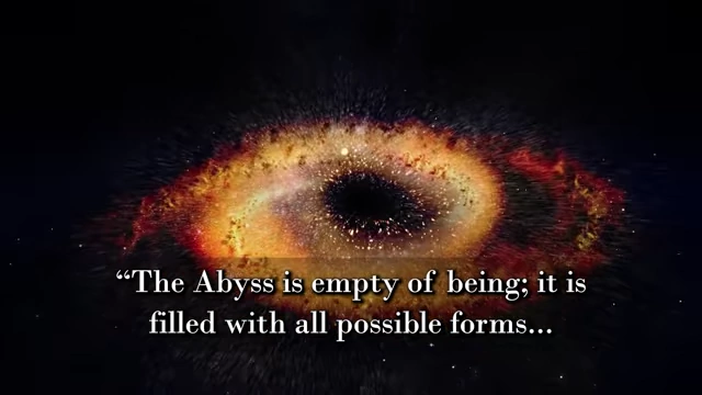 A cosmic swirling vortex is accompanied by a quote explaining the abyss as "empty of being" but "filled with all possible forms"