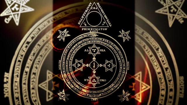 A detailed diagram of the magic circle, including various symbols and names of God, designed for Neuburg's protection