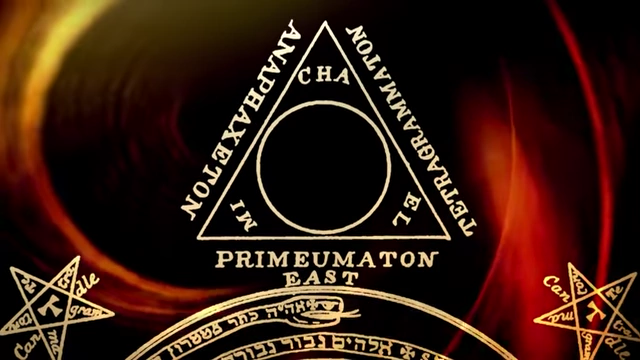 A diagram of the magic triangle, with mystical names and symbols, is displayed