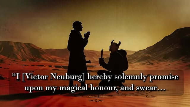An illustration shows Crowley (hooded) with a kneeling Neuburg (horned) in the desert, representing Neuburg's oath to defend the magic circle