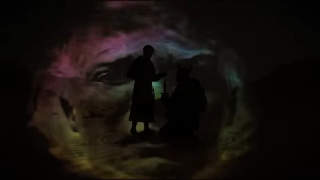 Silhouettes of Crowley and Neuburg in a dimly lit, glowing space, illustrating Crowley's final warning not to speak to Choronzon