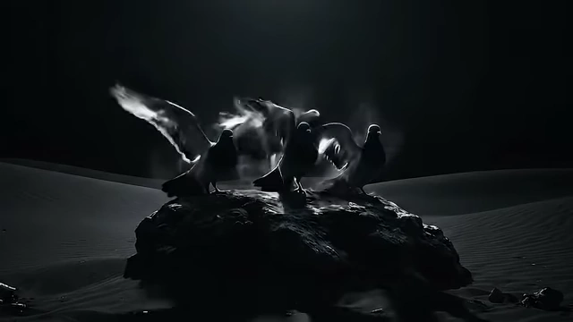 An illustration of three pigeons on a rock in a dark, sandy landscape, representing the animal sacrifice performed by Crowley