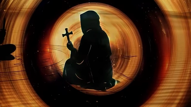 A silhouette of Neuburg in the magic circle, holding a cross, symbolizes his isolation and the immediate test of his discipleship