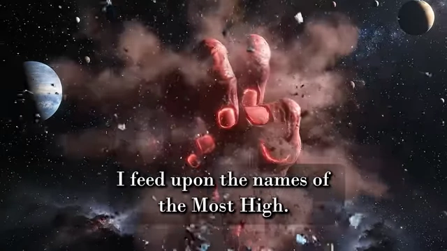 An animation of a cosmic hand tearing apart luminous words, illustrating Choronzon's blasphemous act of feeding upon "the names of the Most High"
