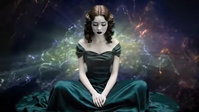 A beautiful woman sits in a green dress against a cosmic background, representing Choronzon's shapeshifting form used to tempt Neuburg