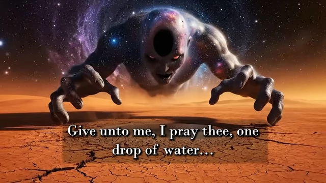 A demonic figure on cracked desert ground, surrounded by a cosmic background, with a quote of Choronzon begging for "one drop of water"