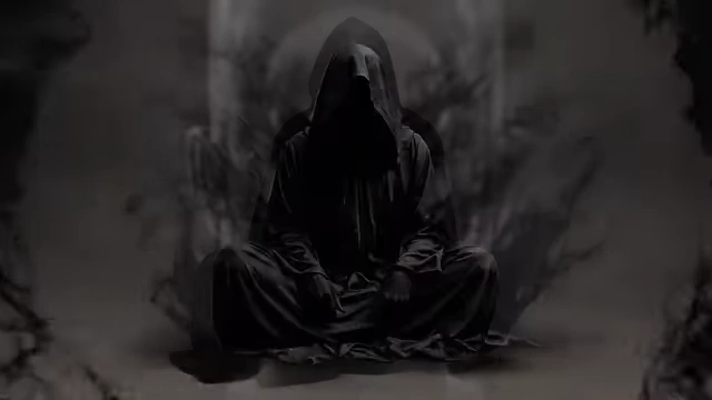 An abstract image of a hooded figure rapidly morphing into different forms, illustrating Choronzon's constant shapeshifting to provoke Neuburg