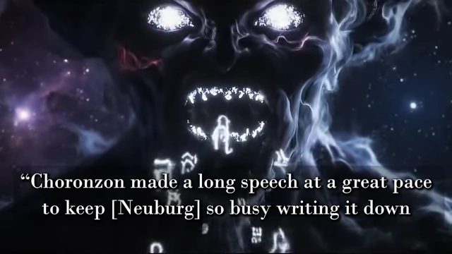 A monstrous face with glowing eyes and text quotes Choronzon's rapid speech, designed to keep Neuburg busy writing while sand was thrown at the circle