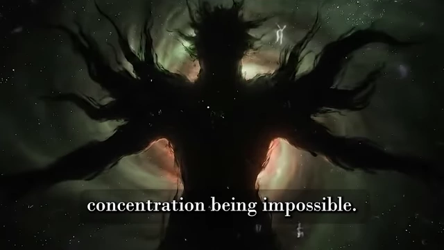A multi-armed, dark figure against a cosmic background, with text about "incoherent cries," representing Choronzon's attempts to overwhelm Neuburg