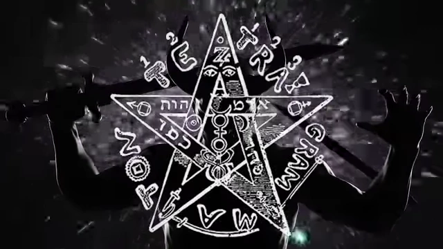 A silhouette of a figure with occult symbols on its chest, holding a dagger, represents Neuburg calling upon divine names like the Tetragrammaton during the fight