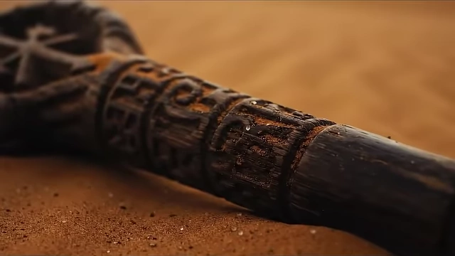 A close-up of a carved magical staff lying in the sand, representing the object Neuburg used to threaten Choronzon