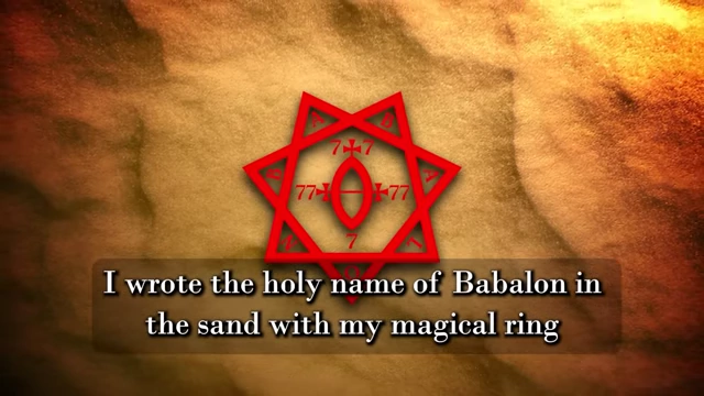 A red star with symbols is drawn in the sand with a magical ring, representing Crowley writing the "holy name of Babylon"