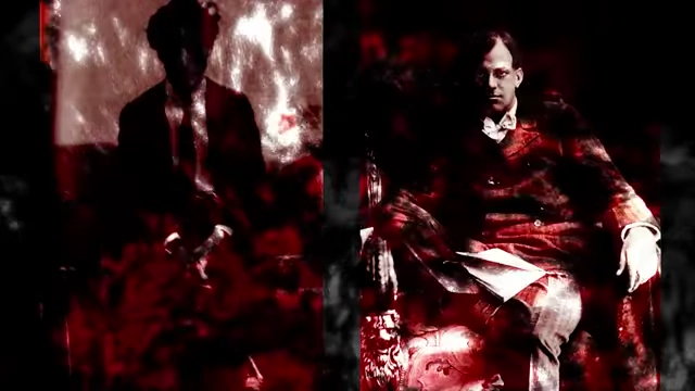 A split image of Victor Neuburg and Aleister Crowley, tinted red, represents the "wounds that would scar" both men from the ordeal