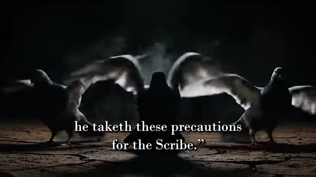 An illustration shows two cloaked figures with pigeons, accompanied by a quote about "precautions for the Scribe" from the Aether text