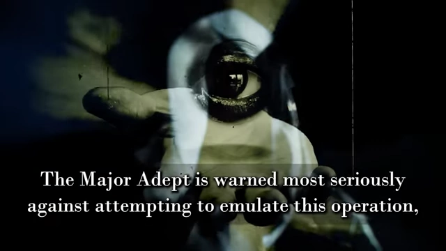 A stylized image of a figure's head with an eye and occult symbols, accompanied by a quote warning against emulating this dangerous operation