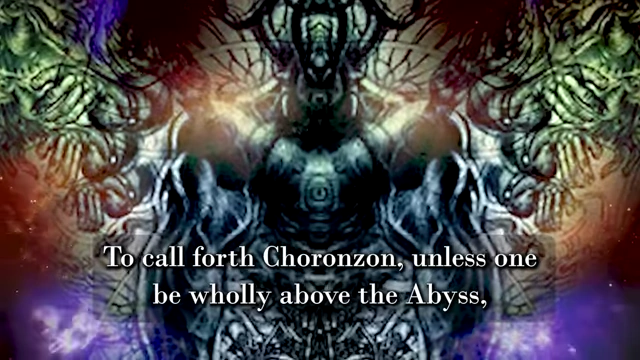 An abstract, ethereal entity with glowing symbols is accompanied by a quote warning that calling forth Choronzon will "ensure the most appalling and immediate catastrophe"