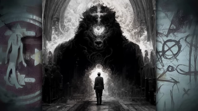 A figure walks towards a dark, monstrous entity in a cathedral-like setting, visualizing the debate over Crowley's success or failure in crossing the abyss
