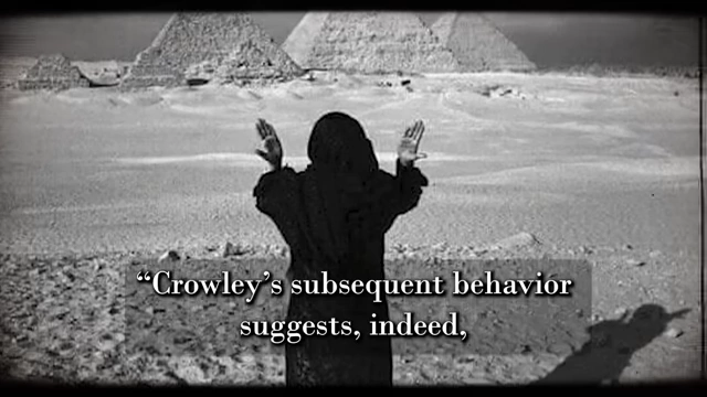 A black and white photo of Crowley in the desert, arms raised, is overlaid with a quote from Alex Owen suggesting he was "caught in the grip of unconscious forces"