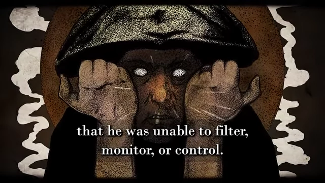 A stylized, distorted image of a face is accompanied by a quote about the unconscious controlling and dominating Crowley after his encounter with Choronzon