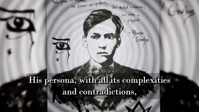 A drawing of Aleister Crowley with occult symbols and text, accompanied by a quote describing his persona as a "living testament to the path he preached"