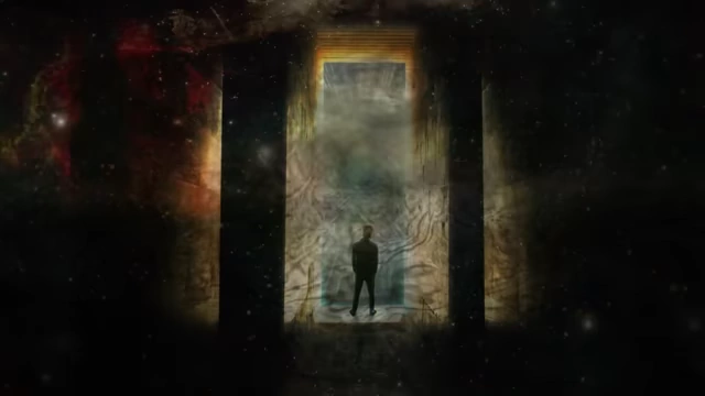 A solitary figure stands before a glowing portal in a cosmic landscape, representing the visions that awaited Crowley after crossing the abyss