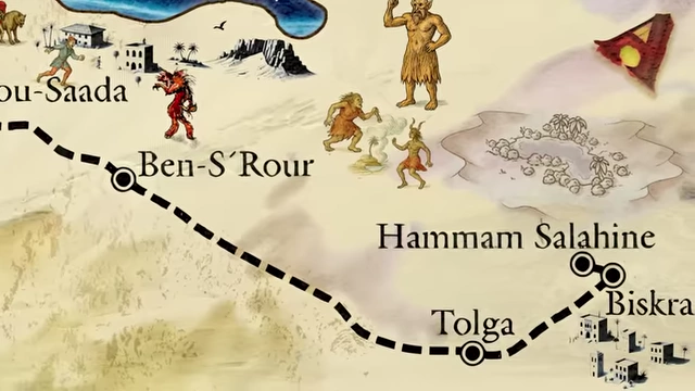 A historical map traces Crowley and Neuburg's continued journey through various Algerian towns after the Choronzon invocation