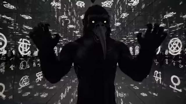 A dark, ape-like figure with glowing eyes and occult symbols on the walls visualizes the "ape of Thoth" guarding the grade of mages