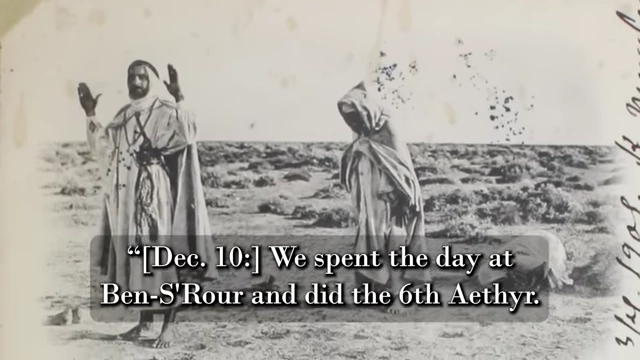 A vintage photo of two men in desert robes, with a quote from Crowley's journal about Neuburg's "ranting words of blasphemy"
