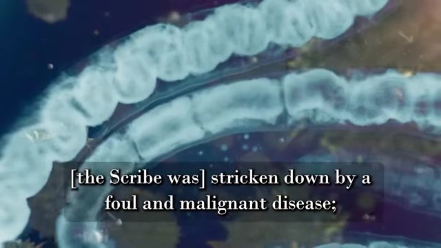 An abstract image with swirling light and text describes Neuburg being "stricken down by a foul and malignant disease"
