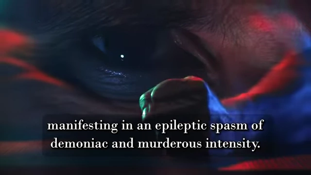 A close-up of an eye with red and blue light, accompanied by a quote describing Neuburg's "epileptic spasm of demoniac and murderous intensity"