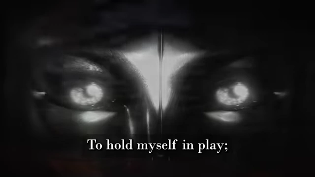 Stylized eyes with glowing centers are shown with a quote from Neuburg's poetry, describing his master's lack of pity and his own dreadful straining