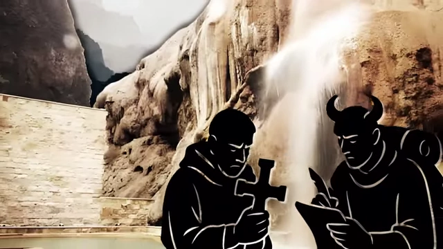 An illustration depicts Crowley and Neuburg near a hot spring, with Crowley scrying while immersed in the water to prevent collapse