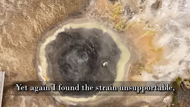 An aerial view of a hot spring is accompanied by a quote from Crowley describing his struggle to endure the strain of scrying the second aether