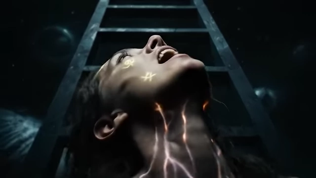 An image of a woman looking upward with glowing symbols on her skin, representing the risk of "collapsing the cosmic ladder" if Aethyrs are skipped