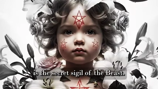 An illustration of a child adorned with lilies and roses, bearing the "secret sigil of the beast" on its forehead, heart, and hand, represents the vision of Horus in Aether Lil