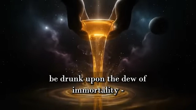 An image of hands pouring golden liquid into a cosmic void is accompanied by a quote from Horus: "Ye shall feast upon the honey of the gods and be drunk upon the dew of immortality"