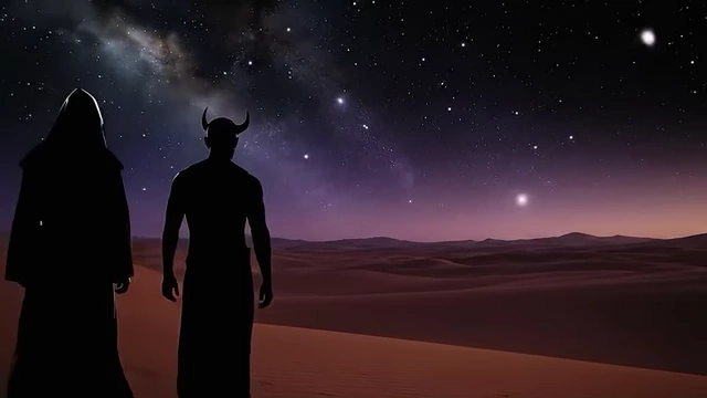 An illustration depicts Crowley and Neuburg as silhouettes standing under a starry desert sky, symbolizing the culmination of their Aetheric journey