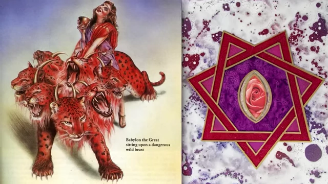 A composite image displays a classical illustration of Babylon the Great riding a beast alongside an occult symbol with a rose, representing "the marriage of the seer with Babylon"