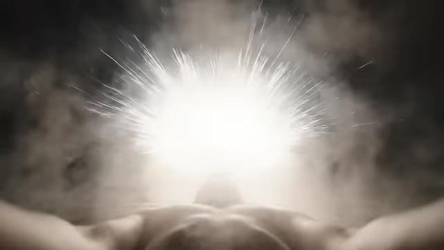 A figure floating in dark water with a bright light bursting from its chest, illustrating Crowley's experience of being utterly overcome and his senses failing