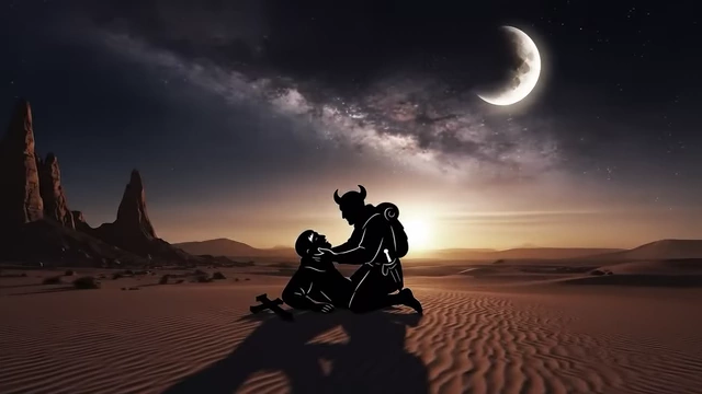 An illustration of Crowley being held down by Neuburg under a crescent moon in the desert, depicting Neuburg's action to prevent Crowley from injuring himself during a convulsion