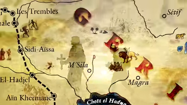 A historical map shows Crowley and Neuburg's return journey from Biscra to Algiers, with animated figures representing their struggles