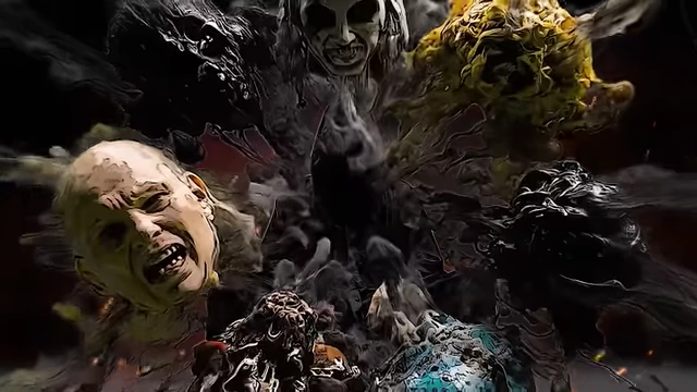 An animation of exploding demonic faces symbolizes the haunting trauma that followed Neuburg after the Choronzon encounter