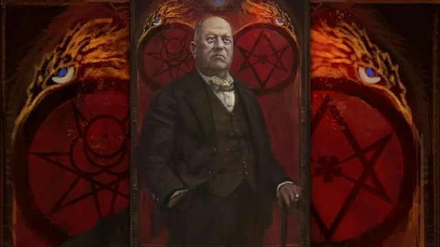 A painting of an older Aleister Crowley is shown with red occult symbols, reflecting his developed theology including sex magic and doctrines of Babylon