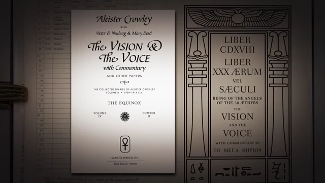 The book covers for "The Vision & The Voice" and "Liber CDXVIII," key scriptures in Crowley's Thelemic system, are displayed
