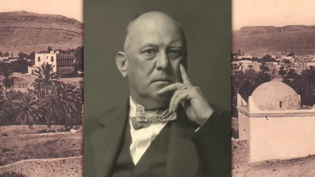 A photo of an older Aleister Crowley with an Algerian town in the background, symbolizing his later caution against repeating the dangerous operation