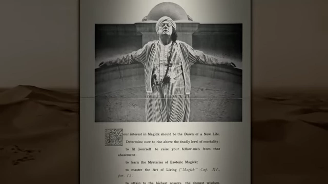 A document with a photo of Crowley in desert robes is displayed, framing his Algerian operation as a "resounding absolute success"